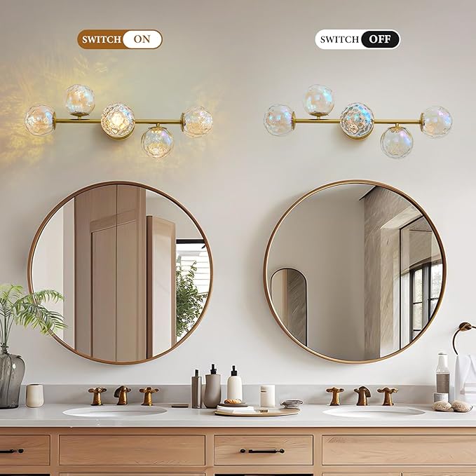Gold LED Bathroom Vanity Light: 5-Light Stained Hammered Glass Colorful Globes Brass Vanity Lights Fixture over Mirror for Bath Room Makeup - Unique Mid Century Modern Brushed Gold Entryway Wall Light