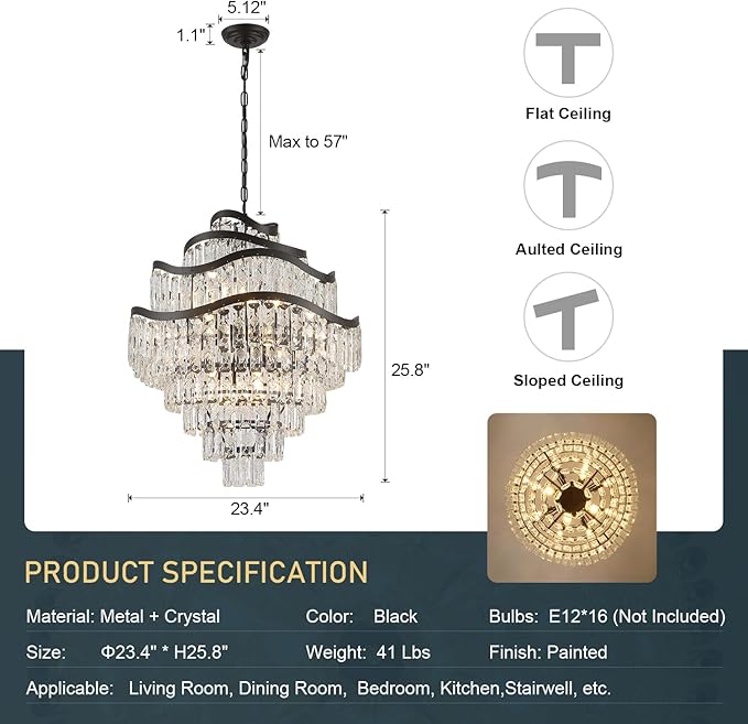 9-Tier 16 Lights Crystal Chandelier Luxury Light Fixtures 24" Black K9 Crystal Pendant Ceiling Lighting for Living Room Dining Room Foyer Bedroom Kitchen, E12