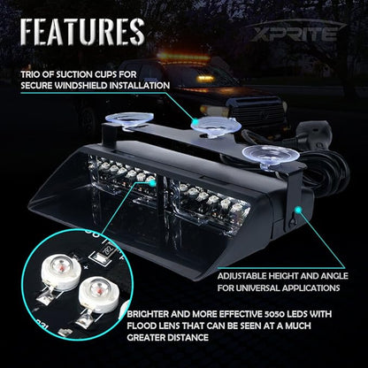 Xprite White Blue LED Emergency Dash Strobe Light, Interior Windshield Safety Warning Flashing Lights w/Suction Cups,12V Windshield Visor Light Bar for Police Law Enforcement Volunteer Vehicles Trucks
