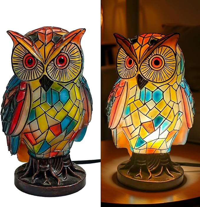 Owl Lamp Tiffany Style Stained Vintage Resin Colorful Tiffany Owl Table Lamps for Bedroom Living Room Nursery Office, Whimsical Animal Desk Lamp, Birthday Gifts for Girl Mother Grandmother Woman.