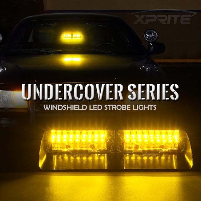 Xprite Amber LED Emergency Dash Strobe Light, Interior Windshield Safety Warning Traffic Lights w/Suction Cups, 12V Windshield Visor Light Bar for Construction Trucks Snow Plows Postal Security Cars