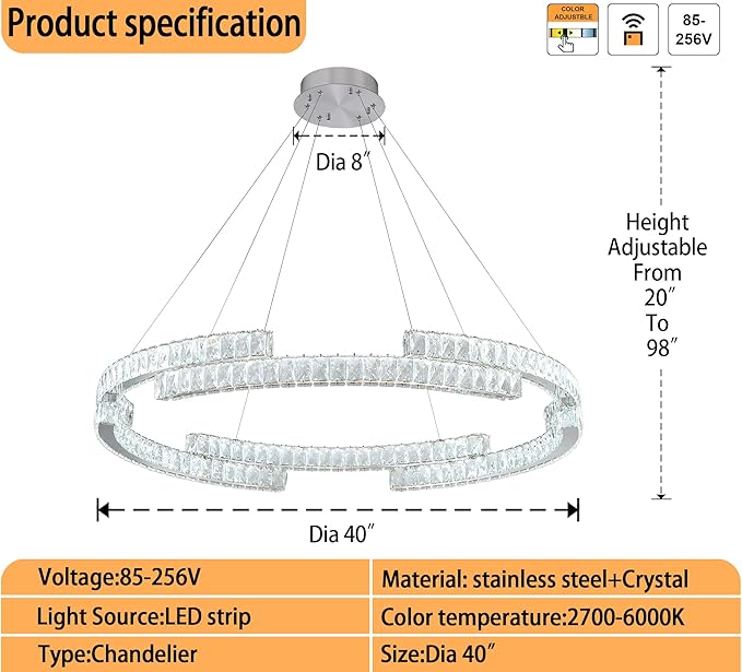 Modern Crystal Chandelier Dimmable LED Ring Pendant Light Adjustable Led Ring Chandelier 1 Ring for Dining Room Living Room 40inch Silver