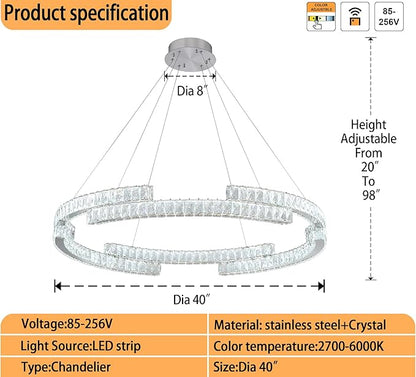 Modern Crystal Chandelier Dimmable LED Ring Pendant Light Adjustable Led Ring Chandelier 1 Ring for Dining Room Living Room 40inch Silver