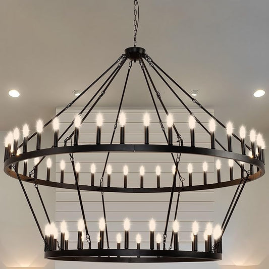 70 Inch Extra Large Wagon Wheel Chandelier 2 Tier 64-Lights Black Farmhouse Pendant Light Fixture, Round Rustic Hanging Lighting for Outdoor Porch high Ceilings Living Dining Room Foyer Entryway