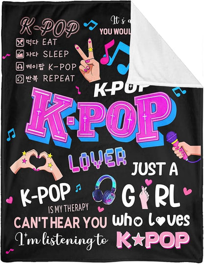 Kpop Gifts Blanket for Teen Girls - Music Gifts for Women Friends K-Pop Fans Lovers, Kpop Merch Stuff, Christmas Birthday Gifts for BFF Girls Women, Just A Girl Who Loves K-pop Blanket 80''x60''