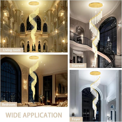 D28inxH177in Long Crystal Column Chandelier Extra Large Staircase Chandelier for High Ceiling Gold 30-Lights Dimmable LED Pendant Lighting Foyer Entryway Light Source is Replaceable