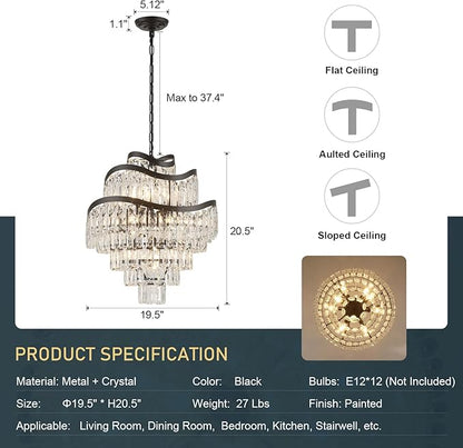 7-Tier 12 Lights Black Crystal Chandelier 20" Modern K9 Crystal Pendant Chandelier Light Fixture Luxury for Living Room Dining Room Bedroom Kitchen Foyer Entryway, E12