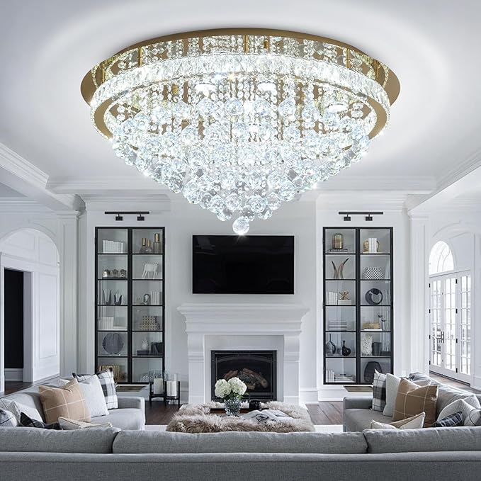 Dia 32" Modern Crystal Chandeliers for Dining Room,Gold Raindrop Chandelier Flush Mount Chandeliers for Living Room Bedrooms Dining Room Dimmable 2700k 4500k 6000k