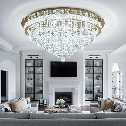 Dia 32" Modern Crystal Chandeliers for Dining Room,Gold Raindrop Chandelier Flush Mount Chandeliers for Living Room Bedrooms Dining Room Dimmable 2700k 4500k 6000k