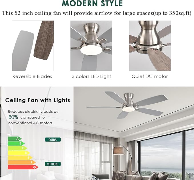 NKPU Ceiling Fans with Lights, Low Profile Ceiling Fan with Light and Remote/APP Control, DC Motor, Noiseless, Flush Mount, 52inch Nickel Ceiling Fan for Bedroom Indoor/Outdoor Use