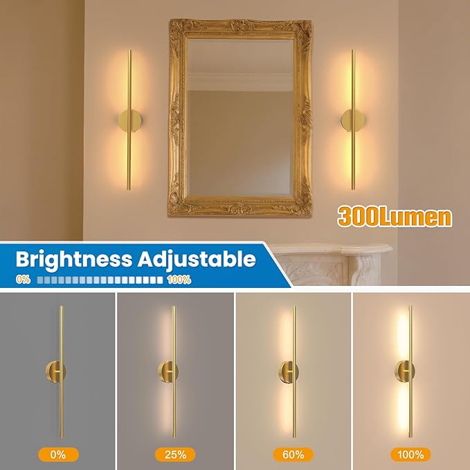 NIORSUN 27.6 Inch Battery Operated Wall Sconce Set of 2, Gold Round Base Rechargeable Wall Lights with Remote, 3CCT Dimmable Wireless Wall Sconces for Living Room Bedroom Hallway