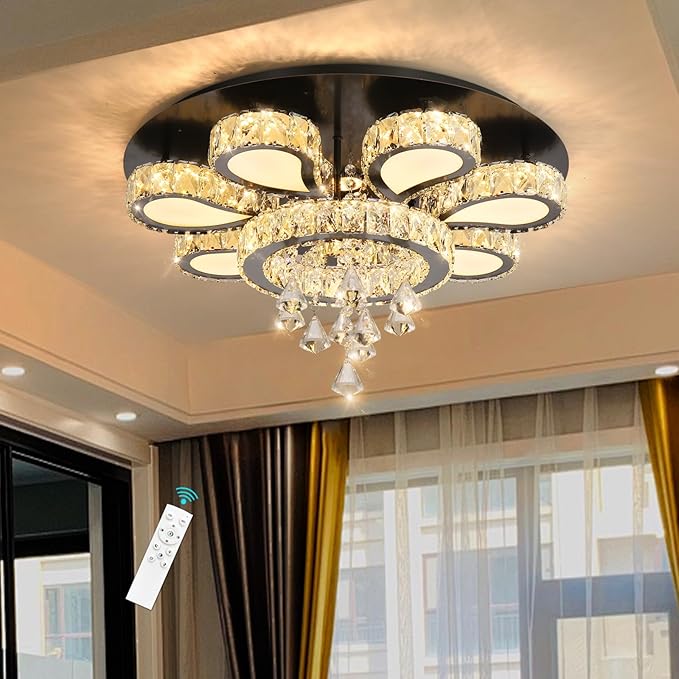 HAIXIANG Glam Crystal Chandelier for Living Room Dining Room Chandeliers Light Fixtures LED Remote Dimmbale Lighting for Dining Room Bedroom Living Room Black 40W LEDs Lights