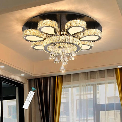 HAIXIANG Glam Crystal Chandelier for Living Room Dining Room Chandeliers Light Fixtures LED Remote Dimmbale Lighting for Dining Room Bedroom Living Room Black 40W LEDs Lights
