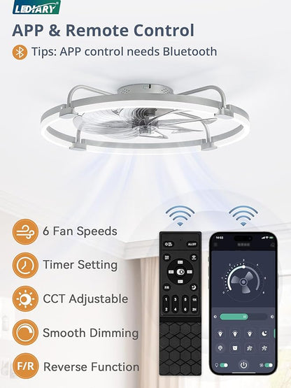 LEDIARY Ceiling Fans with Lights and Remote, 24'' Low Profile Ceiling Fan with Light, 3000-6000K Dimmable Fandelier LED Fan Light, 6 Wind Speeds, Grey Modern Flush Mount Ceiling Fan for Bedroom