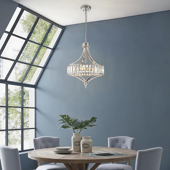 Brushed Nickel Bathroom Chandeliers for Dining Room,15.7" Modern Round Crystal Chandelier Over Tub,4-Light Unique Pendant Light Fixtures for Entryway Foyer Living Room Bedroom Kitchen Island