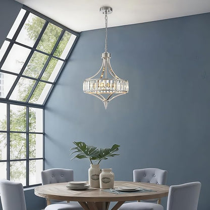 Brushed Nickel Bathroom Chandeliers for Dining Room,15.7" Modern Round Crystal Chandelier Over Tub,4-Light Unique Pendant Light Fixtures for Entryway Foyer Living Room Bedroom Kitchen Island