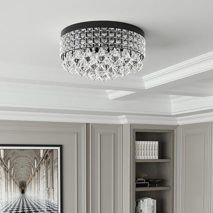 Maxax 4 Lights Crystal Chandelier, Recessed Drum Ceiling Light, Mini Crystal Flush Mount Round Metal Shade Raindrop Chandelier Crystal for Dining Room Living Room Bathroom Bedroom, Black