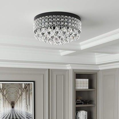 Maxax 4 Lights Crystal Chandelier, Recessed Drum Ceiling Light, Mini Crystal Flush Mount Round Metal Shade Raindrop Chandelier Crystal for Dining Room Living Room Bathroom Bedroom, Black