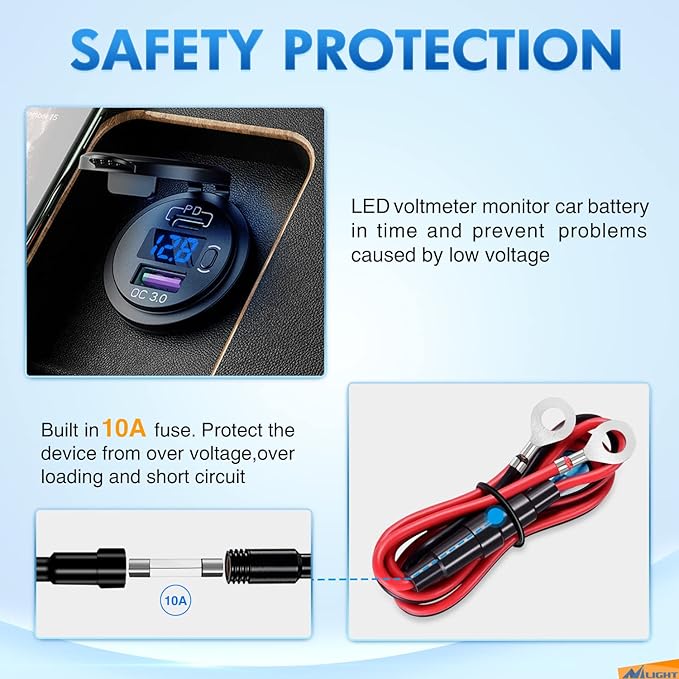 Nilight USB Socket PD Type C and QC 3.0 USB Fast 12V 24V Car Outlet Voltmeter ON OFF Switch Fused Wire Kit Dual Power for Cars Trucks Vans RVs