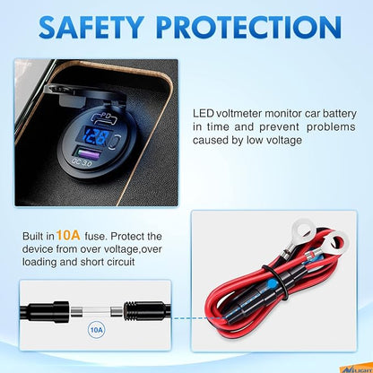 Nilight USB Socket PD Type C and QC 3.0 USB Fast 12V 24V Car Outlet Voltmeter ON OFF Switch Fused Wire Kit Dual Power for Cars Trucks Vans RVs
