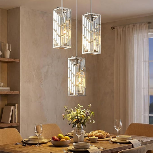 Brushed Nickel Pendant Lighting Modern Pendant Light, Mini Crystal Chandeliers,Adjustable Pendant Light Fixture for Kitchen Island Dinning Room Bedroom (3 Light)