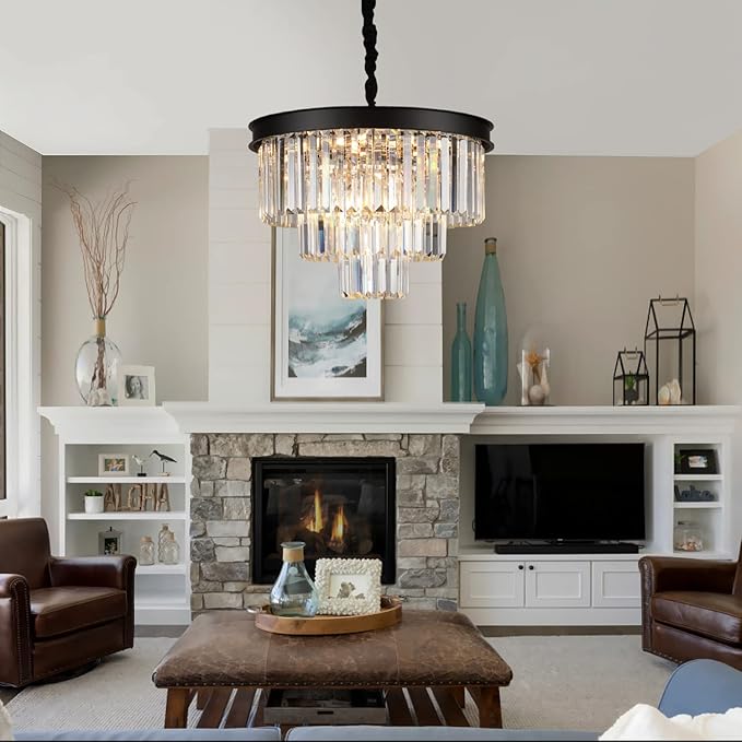 A AXILIXI Black Crystal Chandeliers Modern Round Chandeliers 20" Dimmable 9 Lights Ceiling Pendant Light Fixtures 3 Tiers Luxury Raindrop for Living Room Dining Room Bedroom Foyer