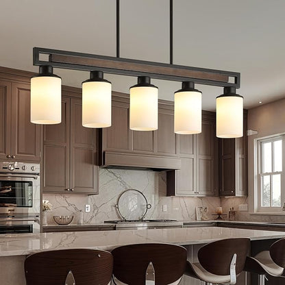 Farmhouse Dining Room Light Fixture, 5-Light Wood Kitchen Island Lighting for Dining Room Over Table, Black Adjustable Pendant Light with Milk Glass Shades, Linear Chandeliers Lighting for Kitchen