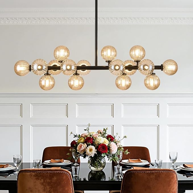 Glass Globe Sputnik Chandelier, 16-Light Mid Century Modern Light Fixture Over Table, Linear Chandeliers for Dining Room, Kitchen Island, Black and Amber Bubble, 40 Inch, GC-02