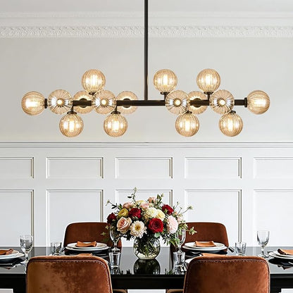 Glass Globe Sputnik Chandelier, 16-Light Mid Century Modern Light Fixture Over Table, Linear Chandeliers for Dining Room, Kitchen Island, Black and Amber Bubble, 40 Inch, GC-02