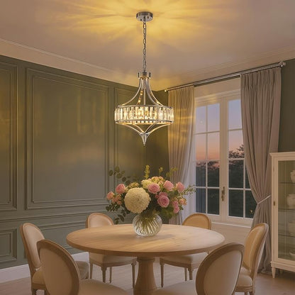 Brushed Nickel Bathroom Chandeliers for Dining Room,15.7" Modern Round Crystal Chandelier Over Tub,4-Light Unique Pendant Light Fixtures for Entryway Foyer Living Room Bedroom Kitchen Island