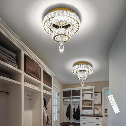 HAIXIANG Modern Glam Ceiling Chandelier Bedroom Light Fixtures Crystal Flat Sloping Ceiling Lights for Hallway Kitchen Dining Room Dimmable Light with Remote Gold