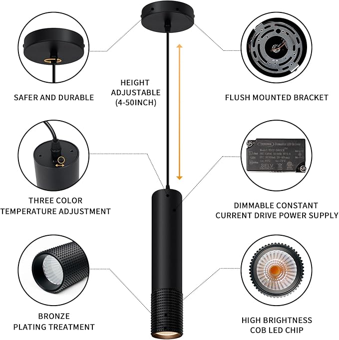 OKELI Black Pendant Light,LED Modern Pendant Lights Fixtures,3 Color Pendant Lighting for Kitchen Island,Bar,15W,2700K-6000K,ETL,3Pack