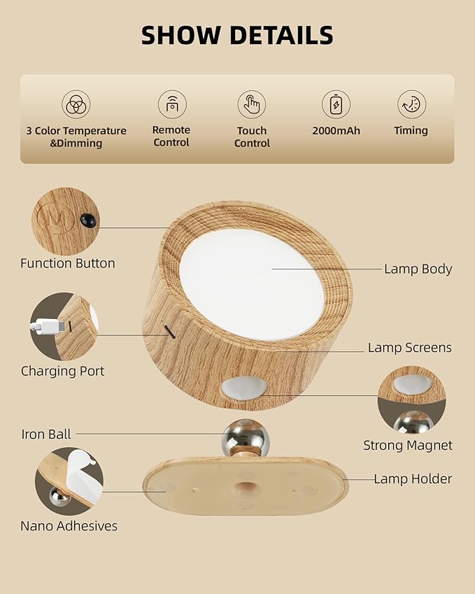 LED Wall Mounted Lights, Rechargeable Wall Sconces Lamp, 3 Color Temps & Remote and Touch, 360°Rotation Dimmable Cordless Wall Light for Study Bedroom Reading Bedside(Wood, 2 Pack)