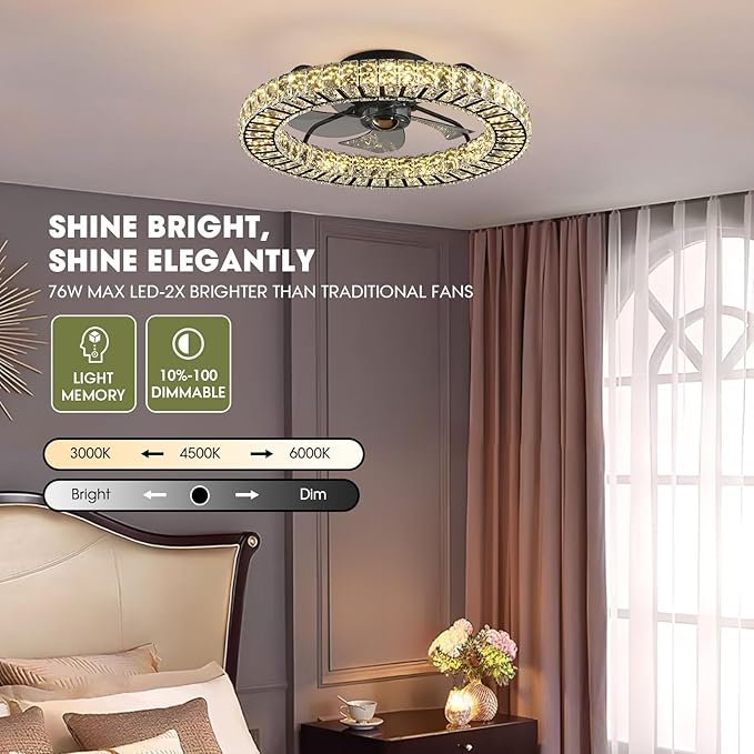 LUDOMIDE Flush Mount Ceiling Fan with Light, 22" Modern Crystal Chandelier Ceiling Fan with Smart 4-Light Color Change, Dimmable LED Ceiling Fan, 6 Wind Speeds, Low Profile Ceiling Fan for Bedroom