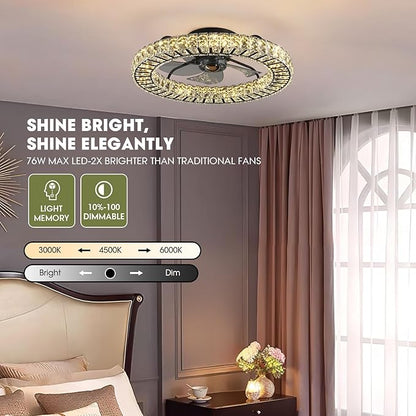 LUDOMIDE Flush Mount Ceiling Fan with Light, 22" Modern Crystal Chandelier Ceiling Fan with Smart 4-Light Color Change, Dimmable LED Ceiling Fan, 6 Wind Speeds, Low Profile Ceiling Fan for Bedroom