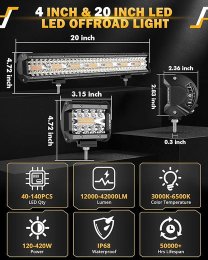 Auxbeam 20 Inch 420W LED Light Bar 2PCS 4 Inch 120W Light Pods, Amber White Strobe Off Road Fog Lights, 6 Modes Memory Reset Function Yellow Spot Flood Driving Work Ditch Lights for Truck Car ATV