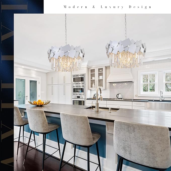 Modern Crystal Chandeliers 20" Silver Round Chandelier Luxury K9 Crystal Drum Chandeliers Kitchen Light Fixture Flush Mount Chandelier for Kitchen Island Living Room Dining Room Foyer Bedroom