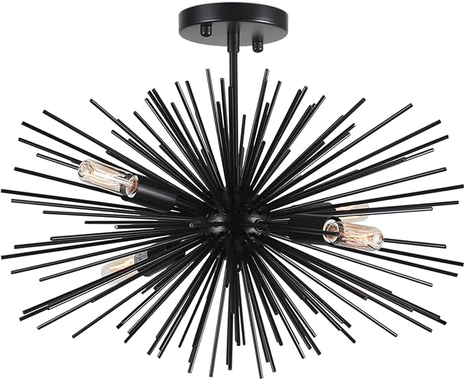 20in Black Sputnik Ceiling Light Fixtures Over Table 4-Lights Starburst Sputnik Chandelier Modern Solid Metal Semi Flush Mount Ceiling Light for Bedroom, Kitchen, Hallway, Laundry Room, E12