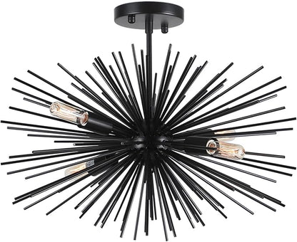20in Black Sputnik Ceiling Light Fixtures Over Table 4-Lights Starburst Sputnik Chandelier Modern Solid Metal Semi Flush Mount Ceiling Light for Bedroom, Kitchen, Hallway, Laundry Room, E12
