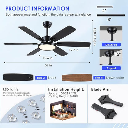Hounberi 52 Inch Ceiling Fans with Lights and Remote, Modern Black Ceiling Fan with Light, Quiet DC Reversible Motor, 3CCT Dimmable LED Light, Black & Wood Hanging Fan for Bedroom, Living Room