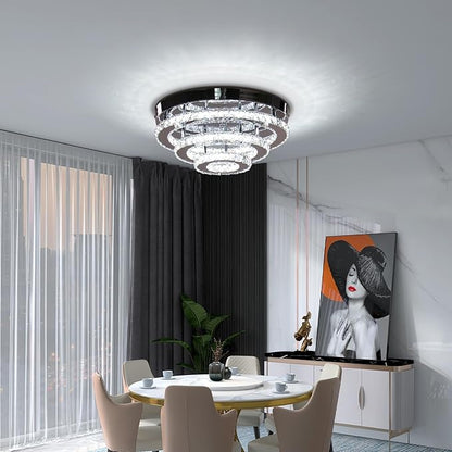 Modern Crystal Ceiling Light, 13.7" 3-Tier Round LED Flush Mount Chandelier, 42W Integrated LED, 6000K Cool White, Non-Dimmable Ceiling Lamp for Bedroom, Hallway, Entryway