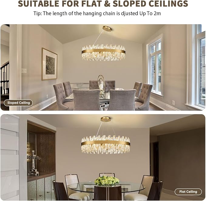 Modern Brass Gold Crystal Chandelier Lights, Round K9 Crystal Raindrop Chandelier, Pendant Ceiling Light Fixtures for Dining Living Dining Room Bedroom, Diameter 30 inches