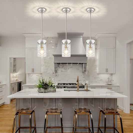 3 Pack Brushed Nickel Pendant Lights Kitchen Island, Modern Hammered Glass Pendant Lighting Over Island Hanging Bathroom Light Fixtures Adjustable Mini Pendant Light for Hallway Entryway Dining Room