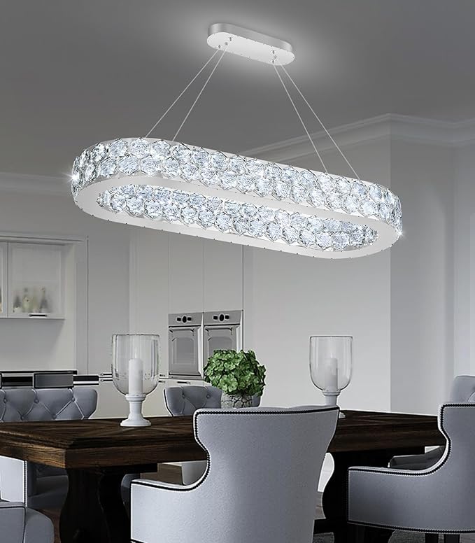 32'' Modern Oval Chandelier Crystal Chandeliers for Dining Room Round Ceiling Light Fixture for Living Room Lighting LED Dimmable with Remote Ring Lights Silver