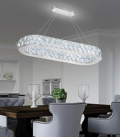 32'' Modern Oval Chandelier Crystal Chandeliers for Dining Room Round Ceiling Light Fixture for Living Room Lighting LED Dimmable with Remote Ring Lights Silver