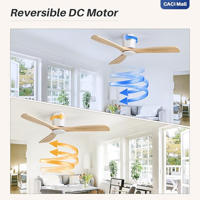 CACI Mall 52 Inch Solid Wood Ceiling Fan without Light, Flush Mount, 3 Blade, Low Profile, Modern, Outdoor/Indoor Ceiling Fans No Light for Bedroom/Farmhouse/Patio