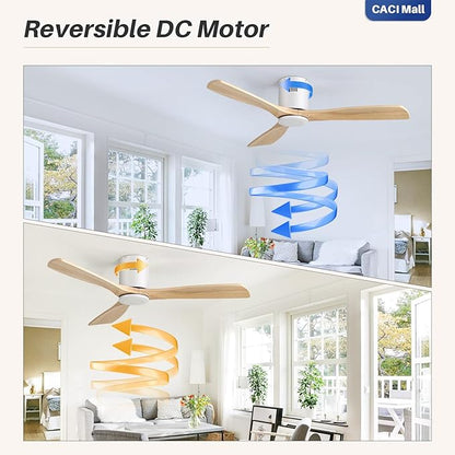 CACI Mall 52 Inch Solid Wood Ceiling Fan without Light, Flush Mount, 3 Blade, Low Profile, Modern, Outdoor/Indoor Ceiling Fans No Light for Bedroom/Farmhouse/Patio