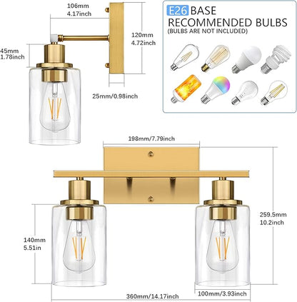 ShineTech 2-Light Gold Bathroom Vanity Fixtures, Modern Wall Lighting with Clear Glass, Brushed Brass Wall Sconce Light for Mirror, Living Room