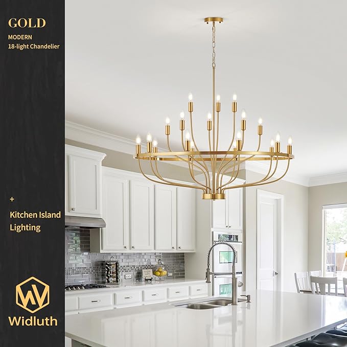 39.4" Modern Gold Chandelier Vintage 18-Lights Mid Century Modern Candle Style Chandeliers Light Fixture Large Rustic Golden Chandelier for Dining Room, Kitchen Island, Living Room, E12