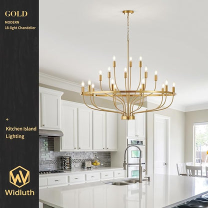 39.4" Modern Gold Chandelier Vintage 18-Lights Mid Century Modern Candle Style Chandeliers Light Fixture Large Rustic Golden Chandelier for Dining Room, Kitchen Island, Living Room, E12